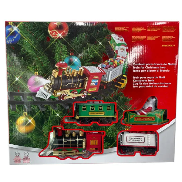 Set Tren Electric de Craciun pentru Brad, Lumini si Sunete, 22 Piese, Locomotiva, Vagon Carbune, Sanie Mos Craciun si Sine
