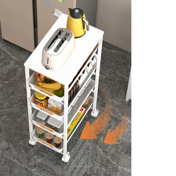 Suport slim portabil cu 5 nivele, 4 rafturi retractabile si 1 polita din MDF, rotativ 360°, 38x 23.5 x 81.5 cm
