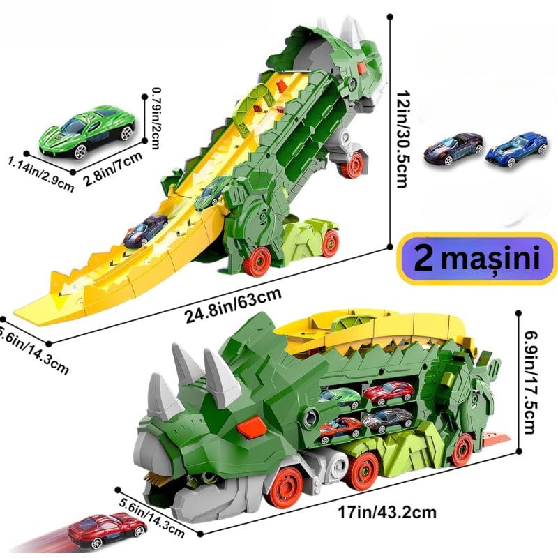 Set Multifunctional Dinozaur 2-in-1, Camion de Transport si Rampa de Lansare cu 2 Masinute