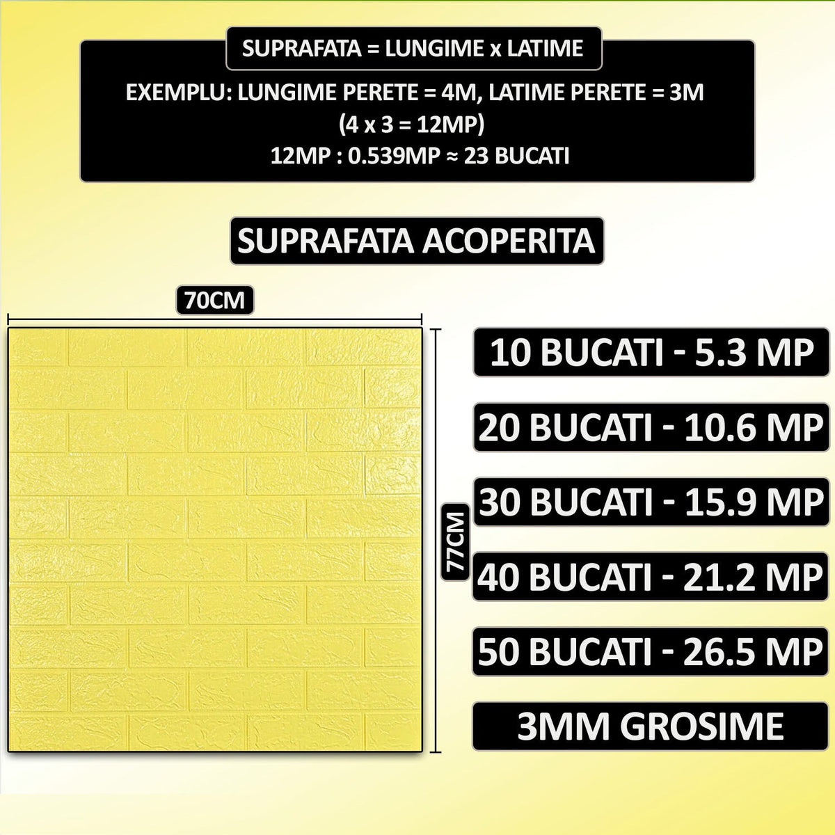 Tapet 3D caramida galbena auto-adeziv pentru interior, 70 x 77 cm