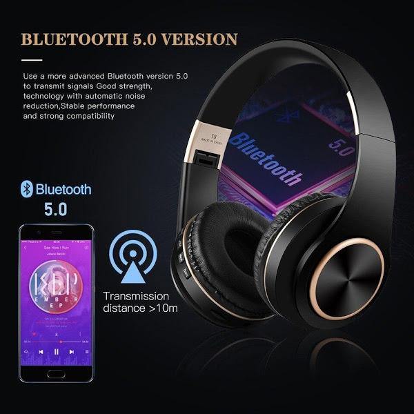 Casti Bluetooth T8 Stereo cu Microfon, Suport Card, Negru - Tenq.ro