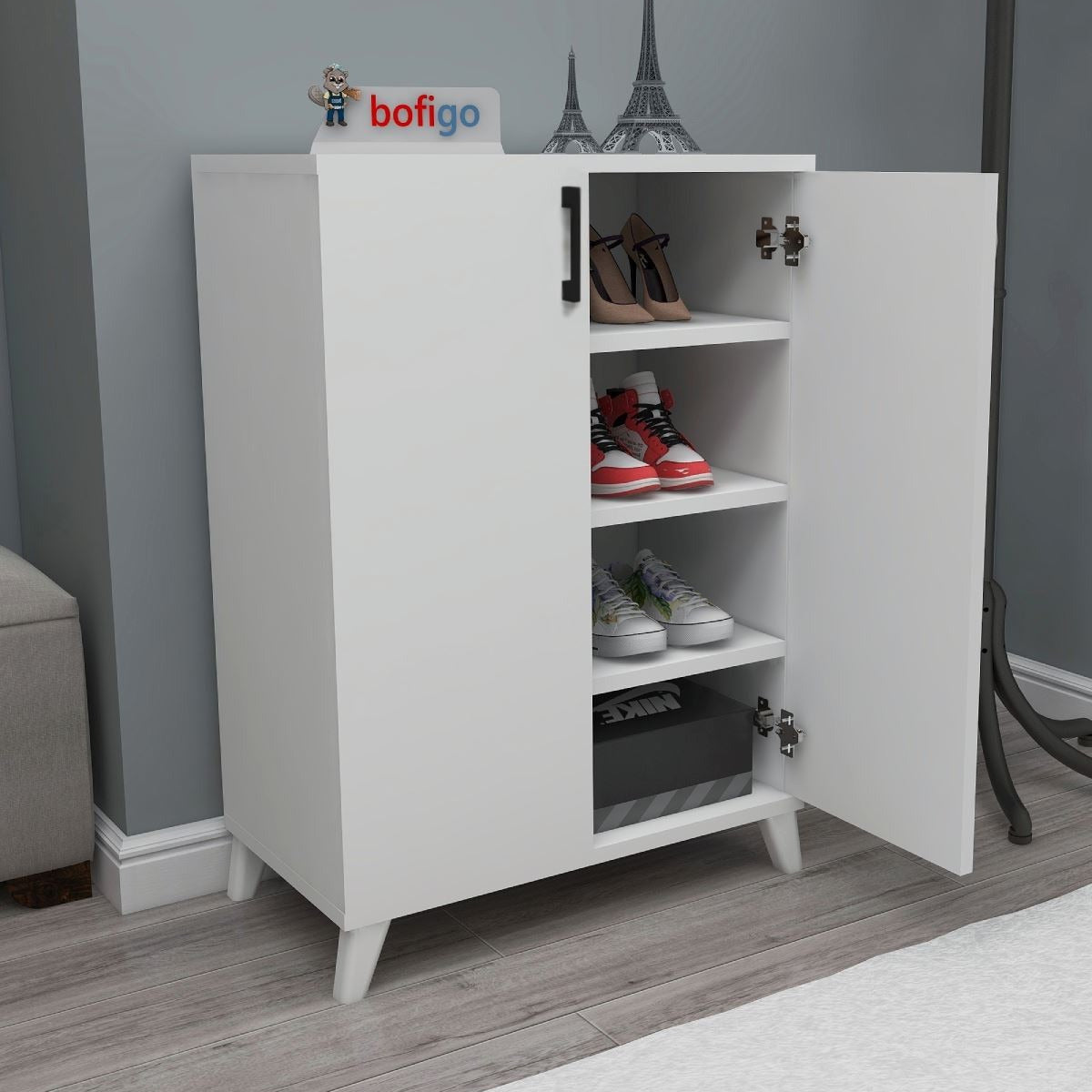 Pantofar Ceren multifunctional cu 2 usi si 4 rafturi interioare, dulap pantofi, mobilier hol ingust 70 x 110 cm, PAL melaminat 18 mm clasa E1, mecanism silentios soft-close, 72x32,5x88 cm