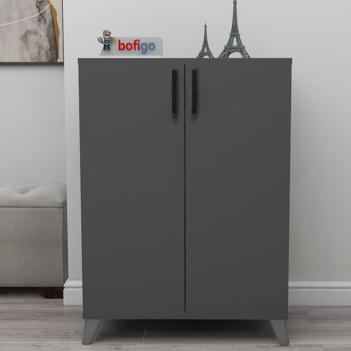 Pantofar Ceren multifunctional cu 2 usi si 4 rafturi interioare, dulap pantofi, mobilier hol ingust 70 x 110 cm, PAL melaminat 18 mm clasa E1, mecanism silentios soft-close, 72x32,5x88 cm