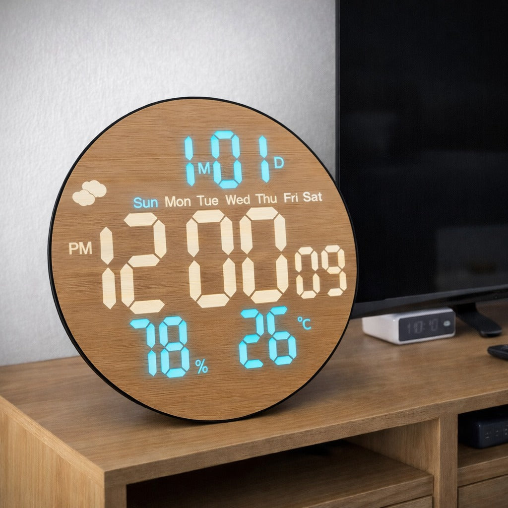 Ceas digital LED de perete, design lemn, 26 cm, cu telecomanda