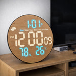 Ceas digital LED de perete, design lemn, 26 cm, cu telecomanda