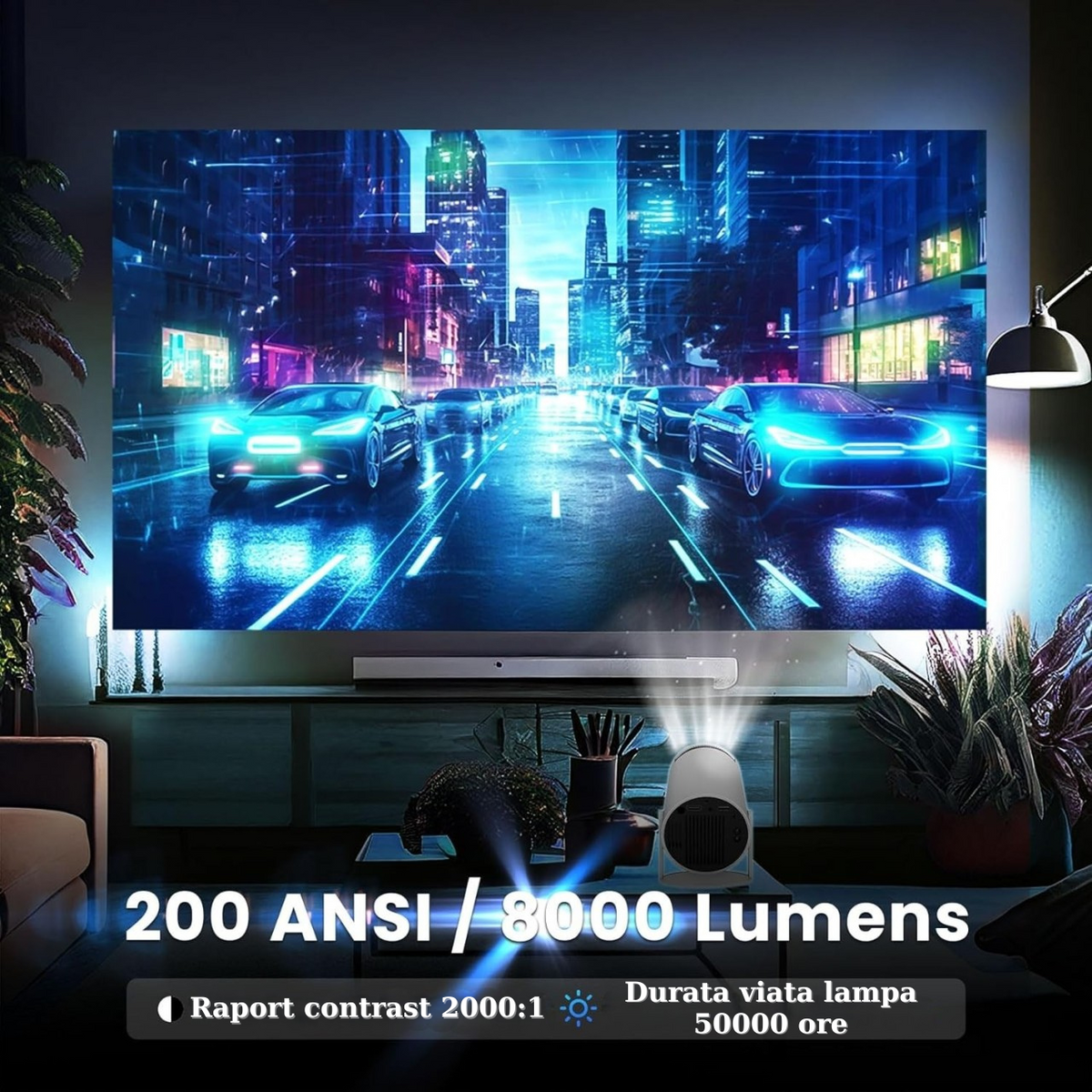 Videoproiector Inteligent 4K – HY300 PRO, Android TV 11.0, WiFi 6, Bluetooth 5.0, Ecran 130'', 200 ANSI