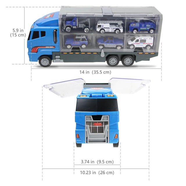 Camion Transport Masini Politie cu 6 Masinute Metalice Lansator Rampa si Compartimente Jucarie Copii