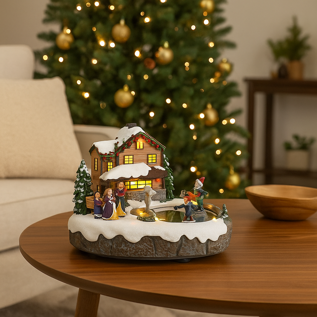 Decoratiune Craciun cu Casuta Luminata si patinatori – platforma rotativa iluminata si melodii de Craciun