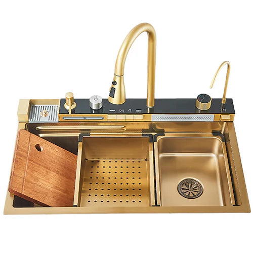 RESIGILAT - Chiuveta multifunctionala cu 2 cascade cu accesorii incluse, afisaj digital a temperaturii si robinet cascada, culoare Gold, 750x460mm