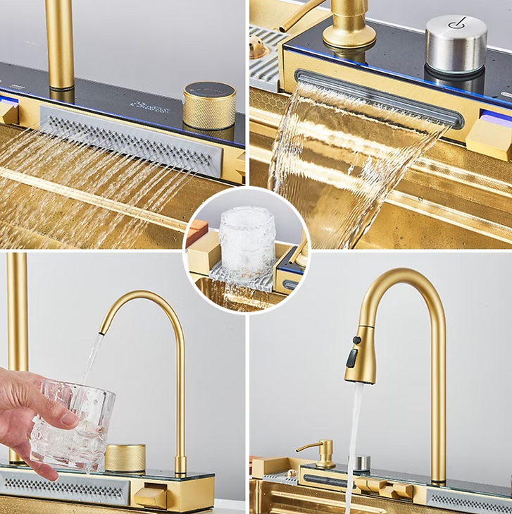RESIGILAT - Chiuveta multifunctionala cu 2 cascade cu accesorii incluse, afisaj digital a temperaturii si robinet cascada, culoare Gold, 800x450mm