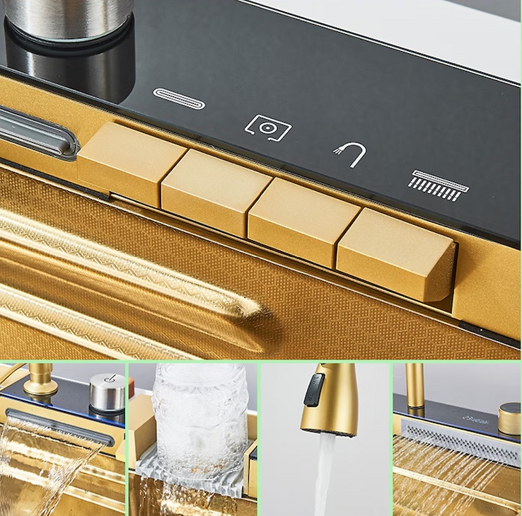 RESIGILAT - Chiuveta multifunctionala cu 2 cascade cu accesorii incluse, afisaj digital a temperaturii si robinet cascada, culoare Gold, 750x460mm