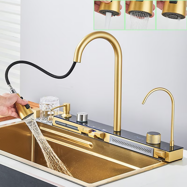 RESIGILAT - Chiuveta multifunctionala cu 2 cascade cu accesorii incluse, afisaj digital a temperaturii si robinet cascada, culoare Gold, 750x460mm