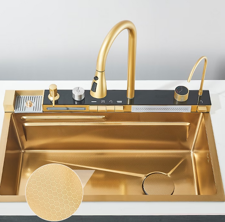 RESIGILAT - Chiuveta multifunctionala cu 2 cascade cu accesorii incluse, afisaj digital a temperaturii si robinet cascada, culoare Gold, 750x460mm