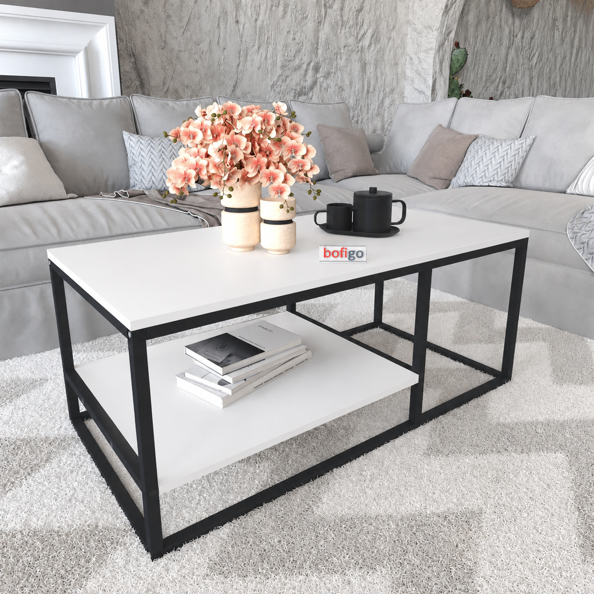Masuta de Cafea Metalica cu 2 Niveluri pentru Living, 105 x 50 x 42 cm