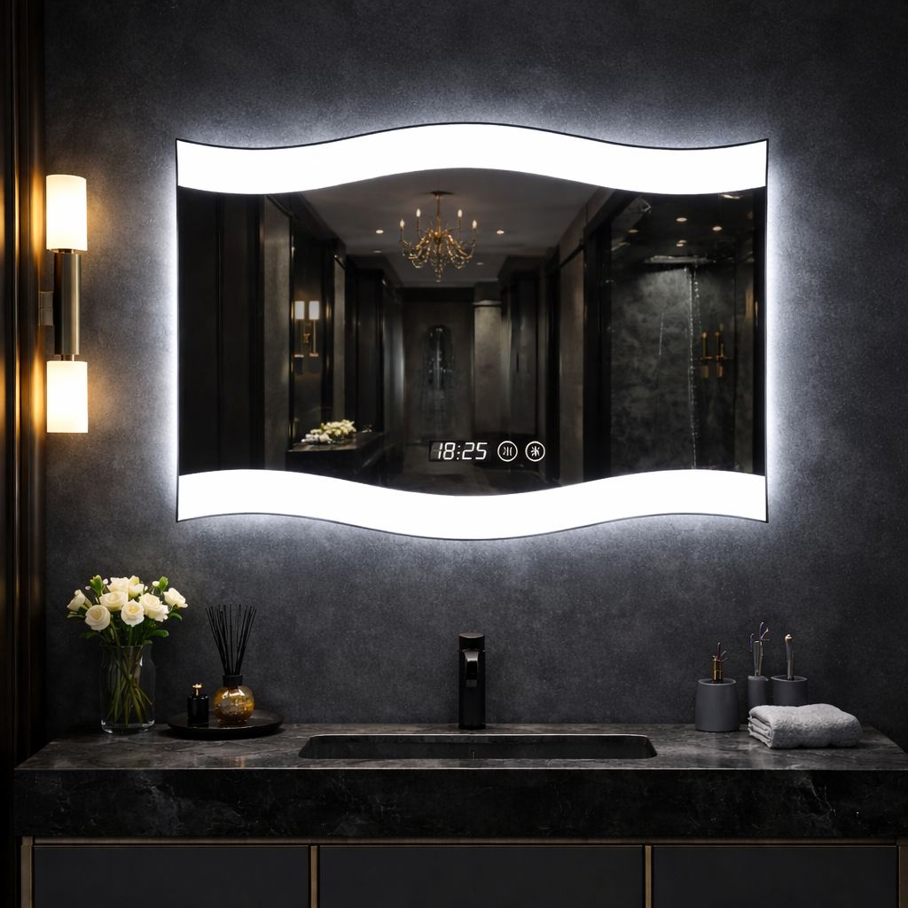Oglinda LED 60 x 80 cm cu Design Ondulat, Ceas si Dezaburire