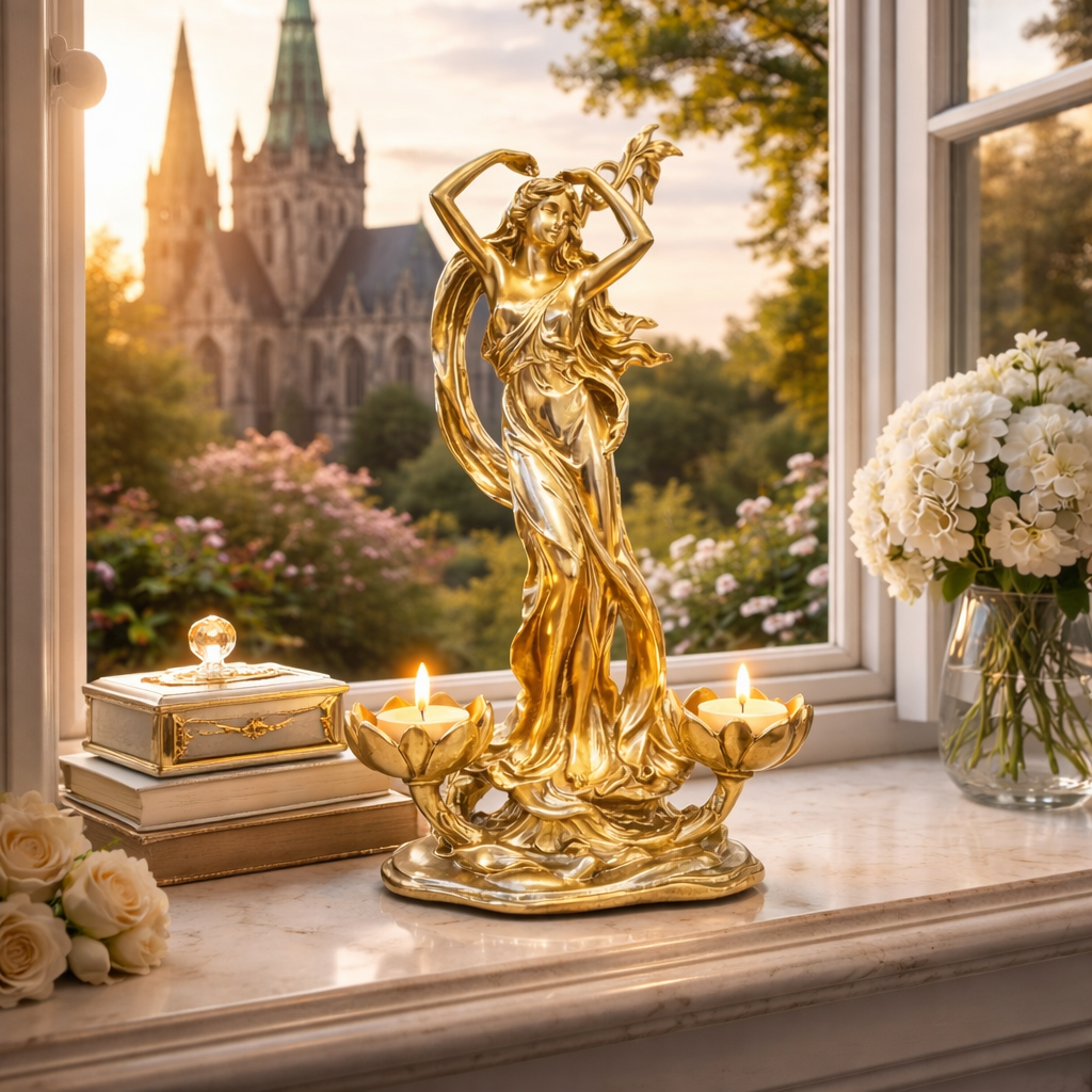 Suport decorativ lumanari, statueta femeie in miscare, rasina, finisaj auriu, design artistic lux, 30x20 cm