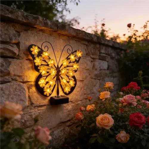 Set 2 Fluturi Solari Decorativi cu Lumini LED Roz Galben pentru Perete Gard - detaliu produs