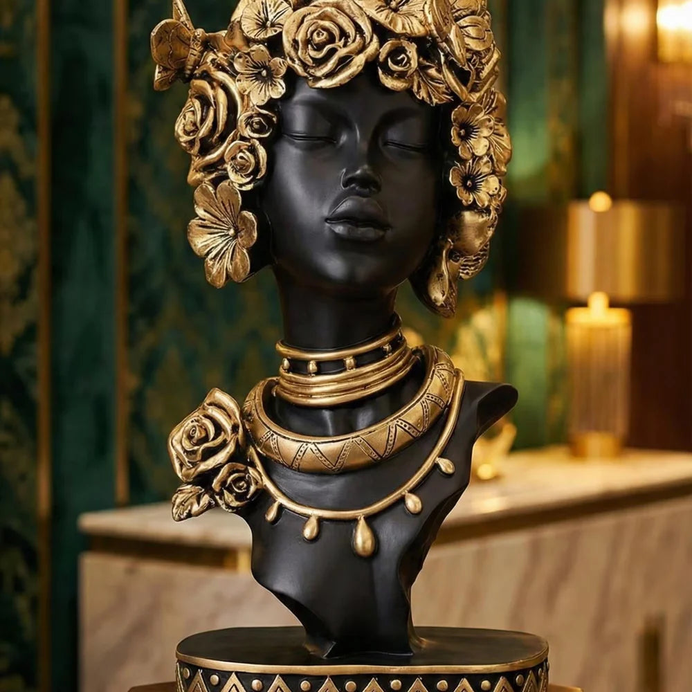 Statueta Africana Bust Negru Auriu Decorativ Raze Flori Trandafiri Luxury 35cm - detaliu produs