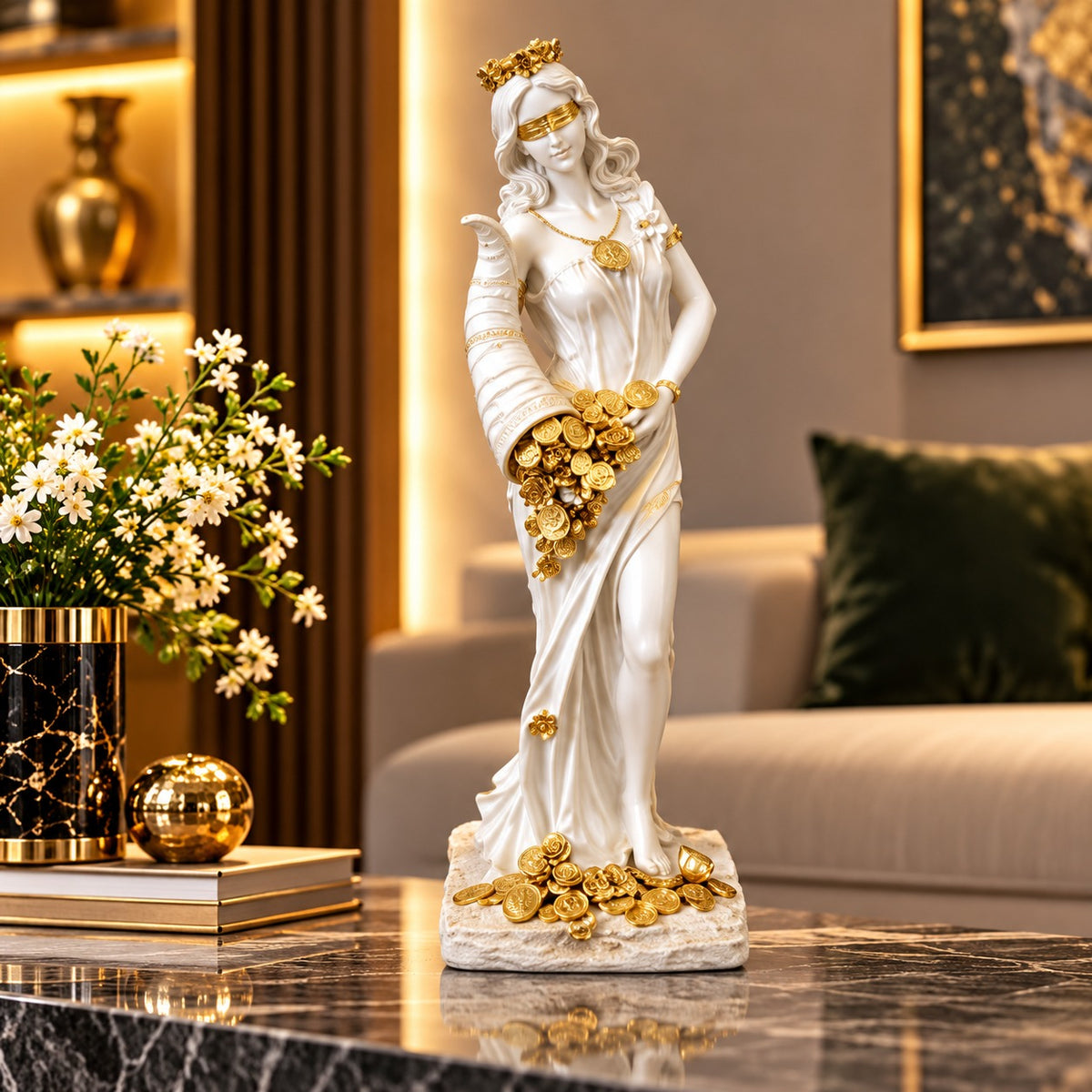 Statuetă Decorativă Premium „Zeița Abundenței”, Alb-Auriu, din Rășină Finisată – 29 × 10 × 10 cm - detaliu produs