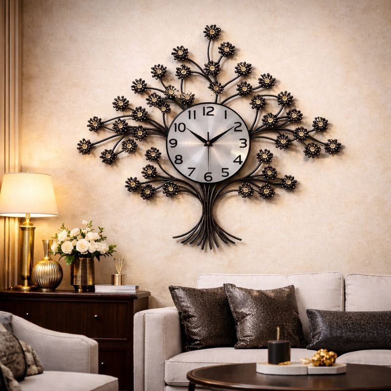 Ceas de perete decorativ tip copac cu cristale, 69 x 69 cm