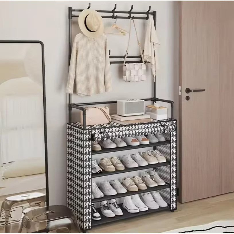 Suport multifunctional pentru incaltaminte cu cuier, negru, 171x80x30 cm, cu husa anti-praf - detaliu produs