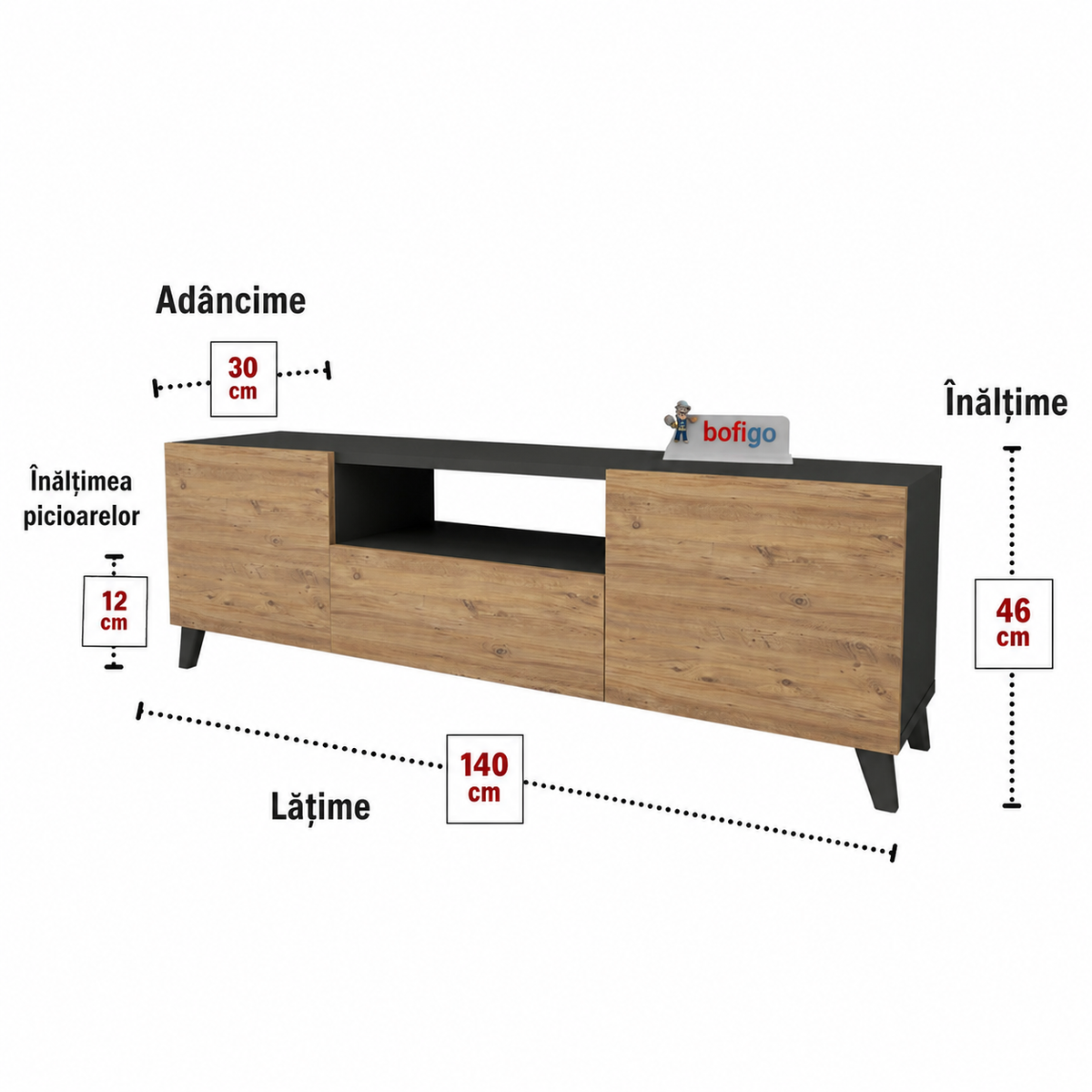Comoda TV 140x30x46 cm, cu picioare inalte 12 cm, pentru living