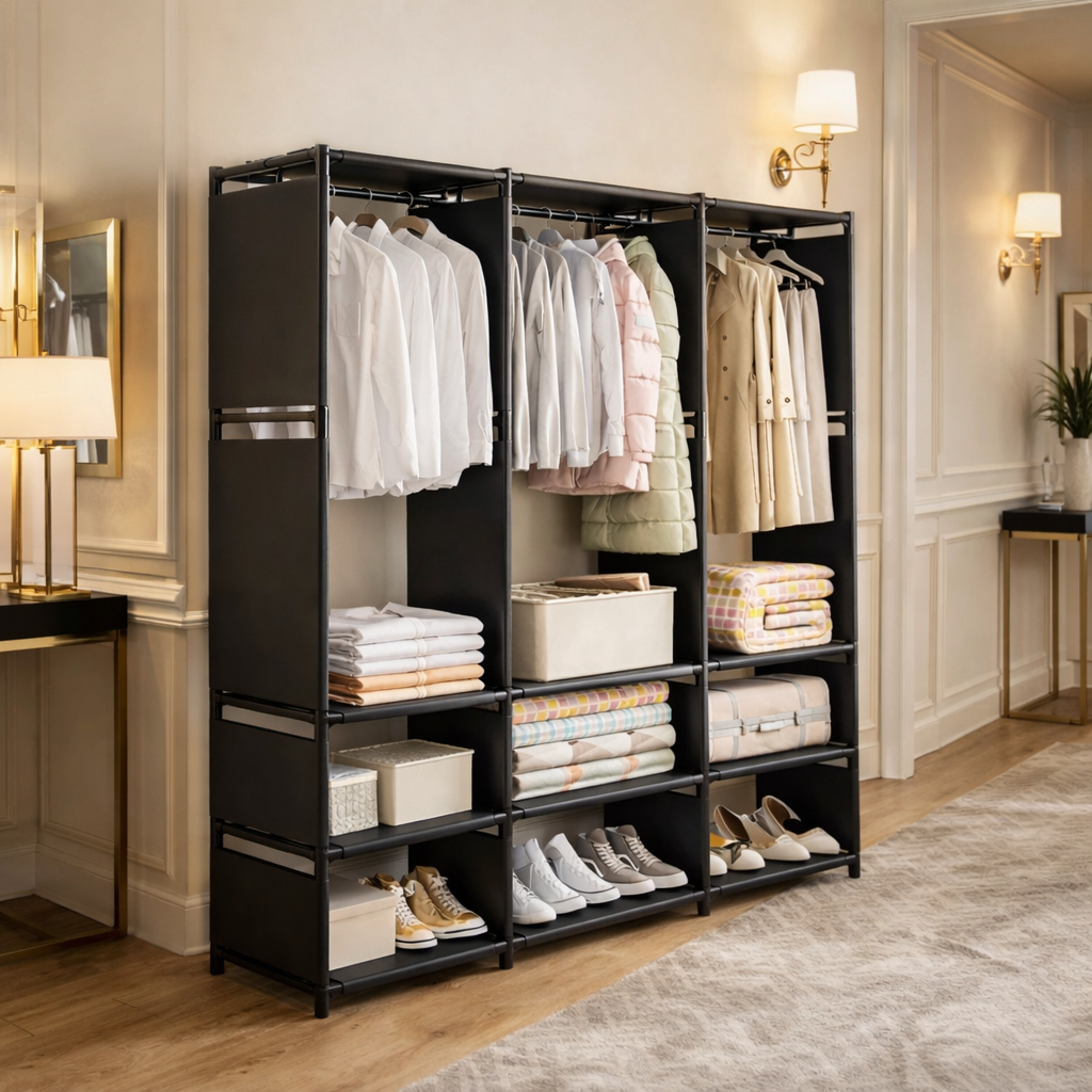 Dulap organizator haine cu rafturi si bara pentru umerase, 170x130x36 cm
