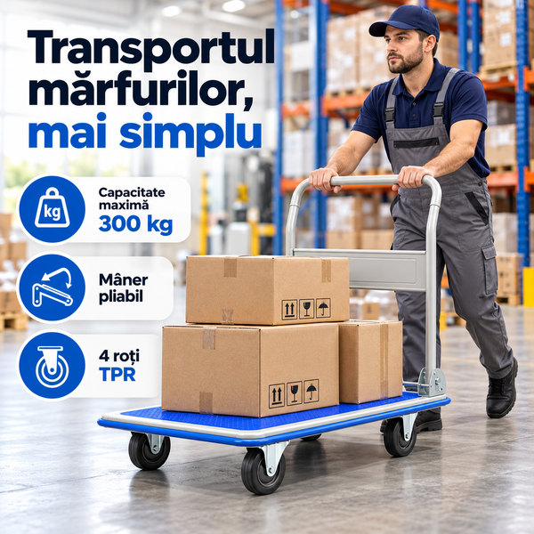 Carucior Platforma Pliabil Transport Marfa 300 kg 900x600 mm 4 Roti TPR Silentioase Maner Rabatabil Albastru - detaliu produs