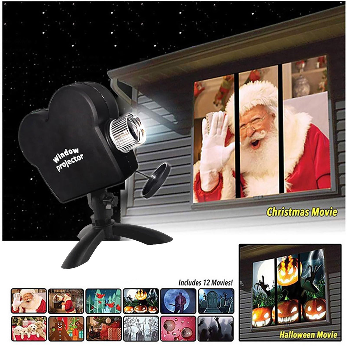 Videoproiector pentru fereastra, Window Wonderland, 12 Filme, Craciun si Halloween, Negru