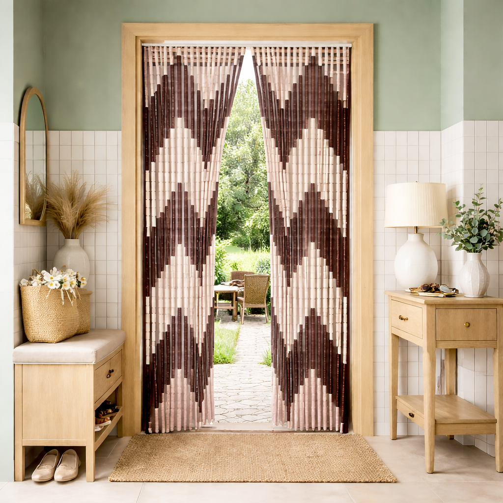 Perdea anti insecte tip margele PVC 90 x 200 cm, crem/maro, protectie si decor pentru usa