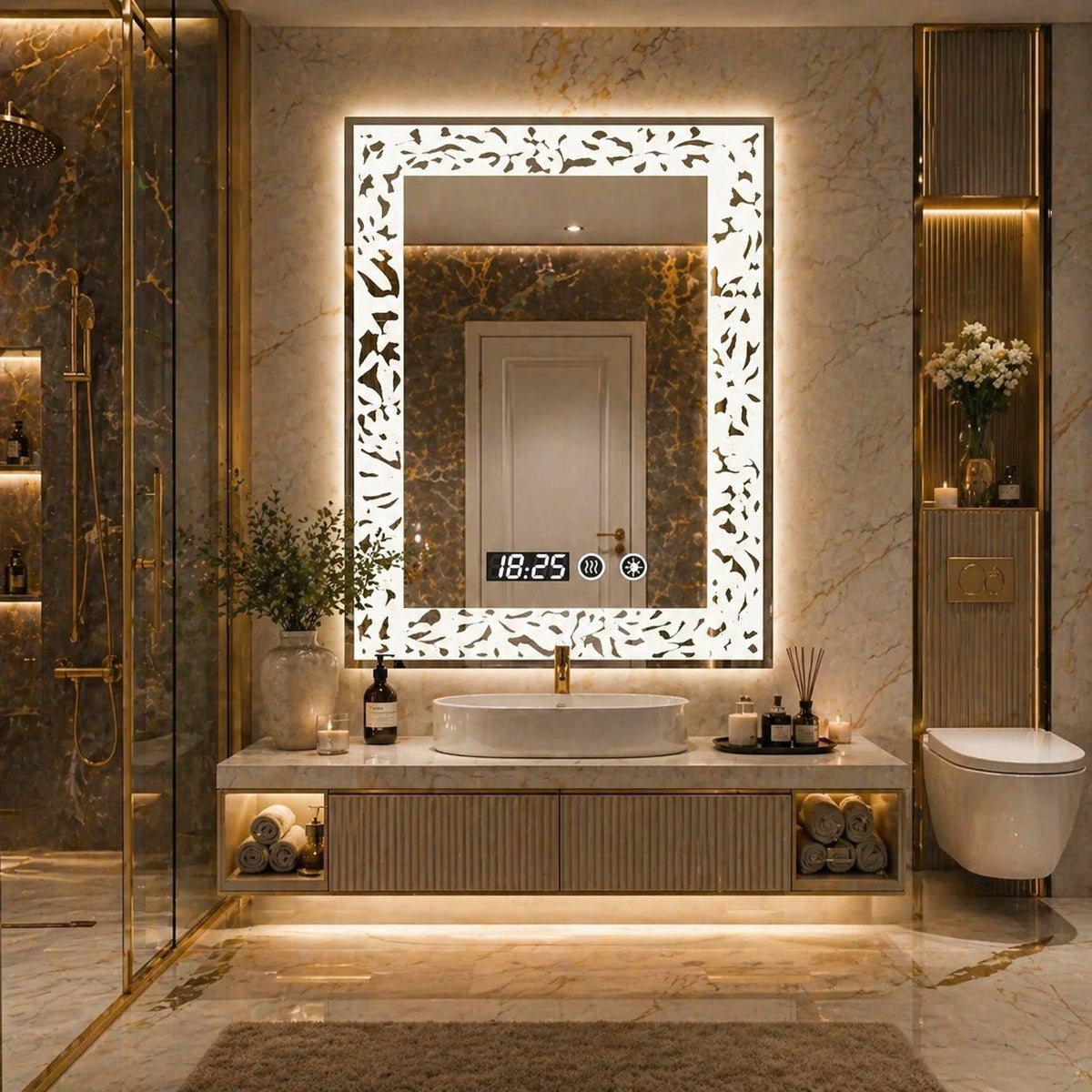 Oglinda LED baie 60x80 cm margini ornamentale iluminare reglabila touch ceas digital