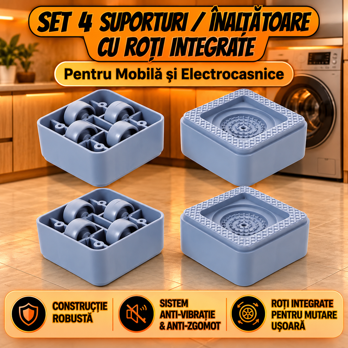 Universal Set 4 Picioare Inaltatoare Antiderapante cu Roti Integrate pentru Masina de Spalat Frigider Mobilier 7.5x4 cm Albastru - detaliu produs