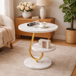 Masuta moderna cu blat tip marmura si raft inferior, cadru metalic auriu, design elegant 45 x 60 cm