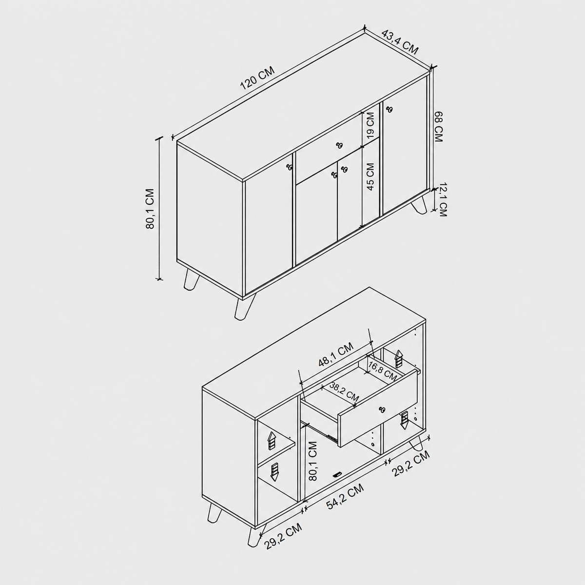 Dulap multifunctional 120x43,4x89 cm, cu 4 usi si sertare, pentru bucatarie, camara sau colt de cafea, alb