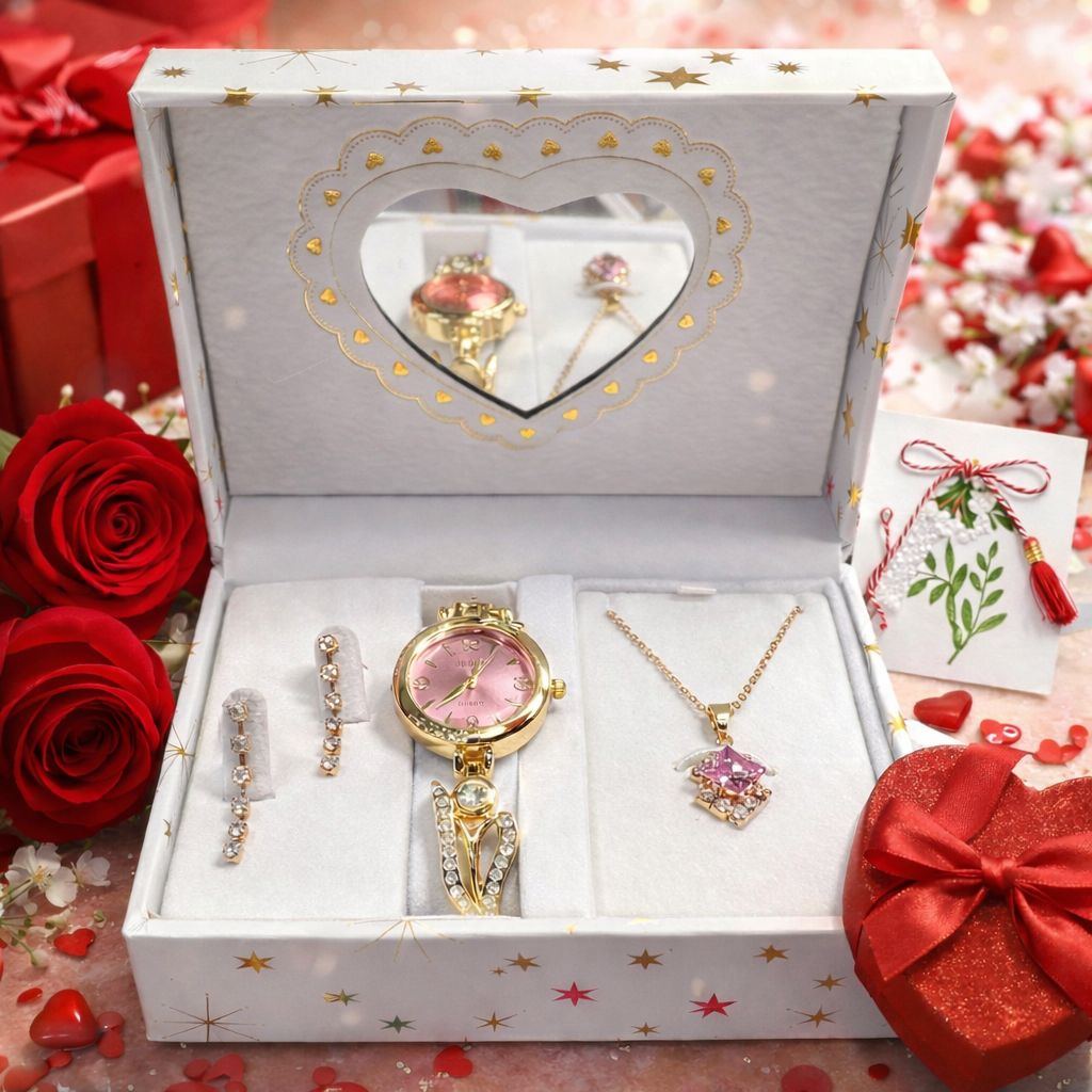 Set cadou ceas dama cu colier si cercei in cutie premium