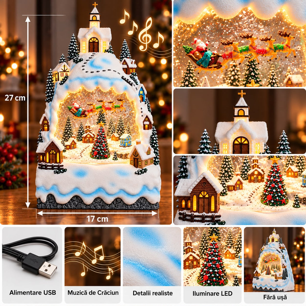 Decorațiune de Crăciun cu Sat de Iarnă, LED și Muzică, Polirășină, Multicolor – 27 cm - imagine principala