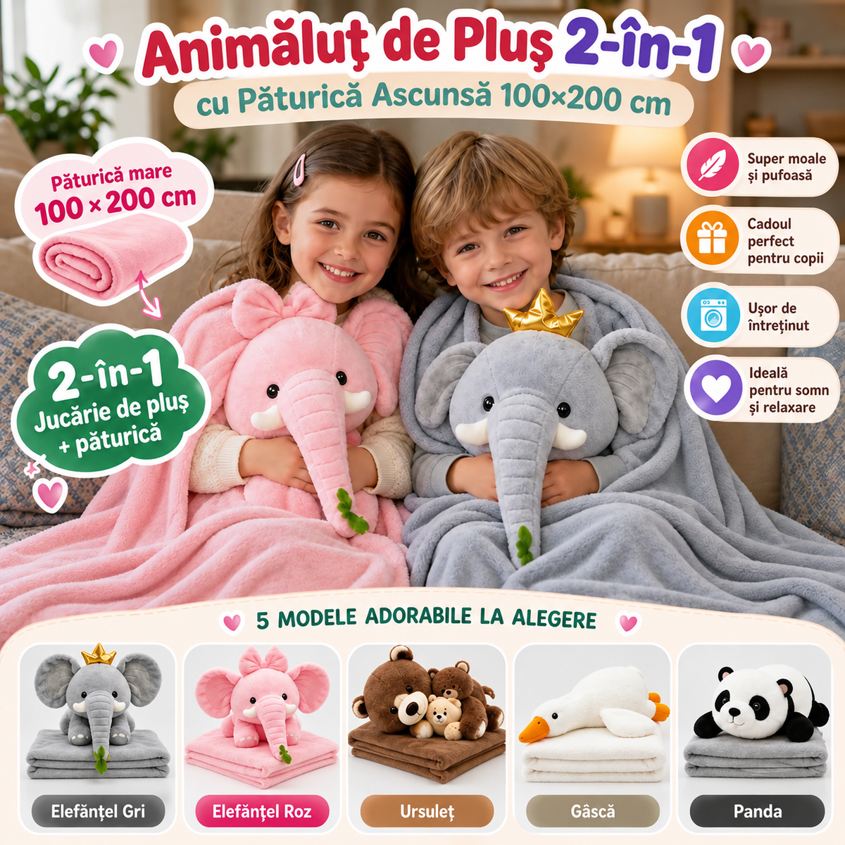 Animalut de Plus 2-in-1 cu Paturica Ascunsa 100x200 cm 5 Modele