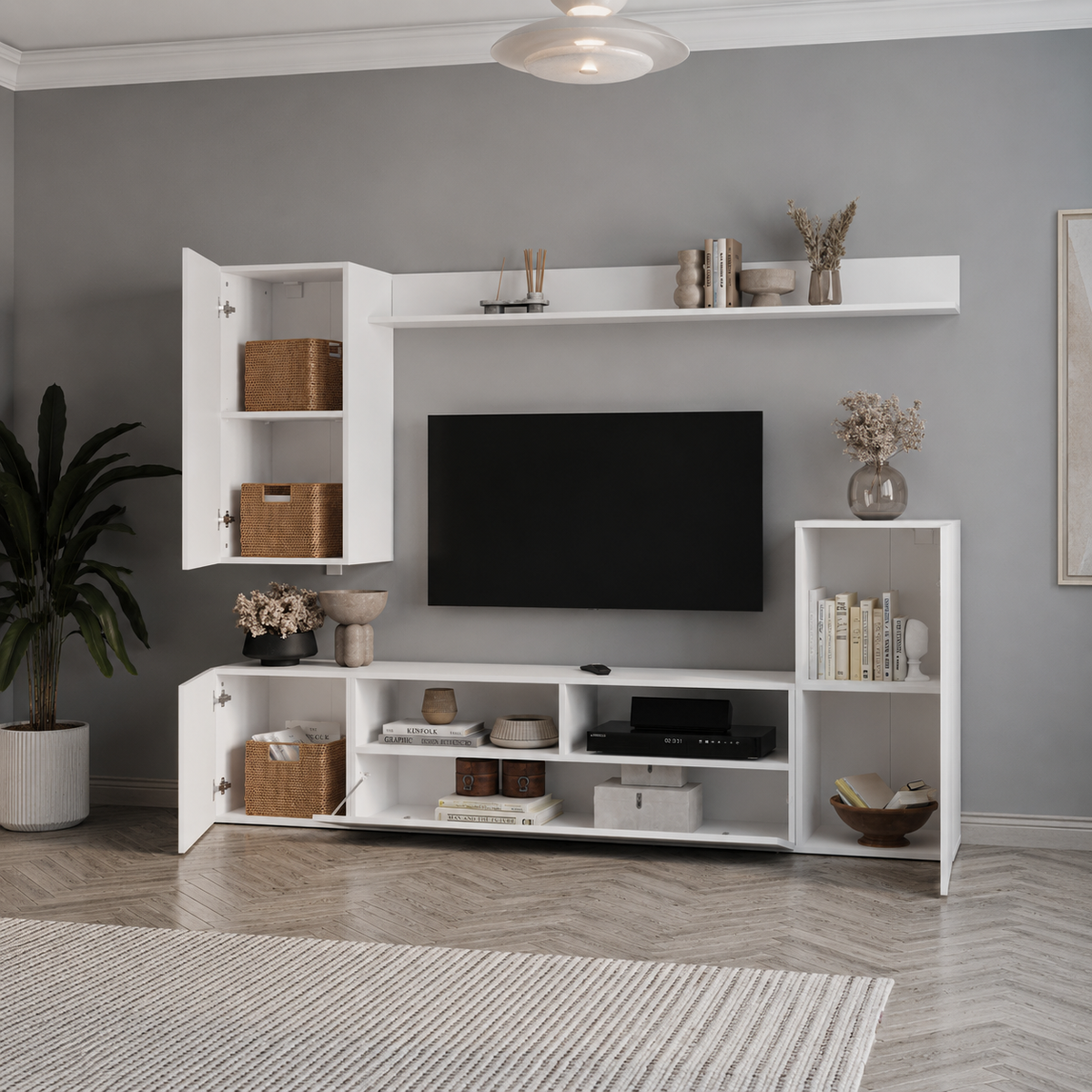 Comoda TV 210x38x90,4 cm, cu dulap suspendat, pentru living