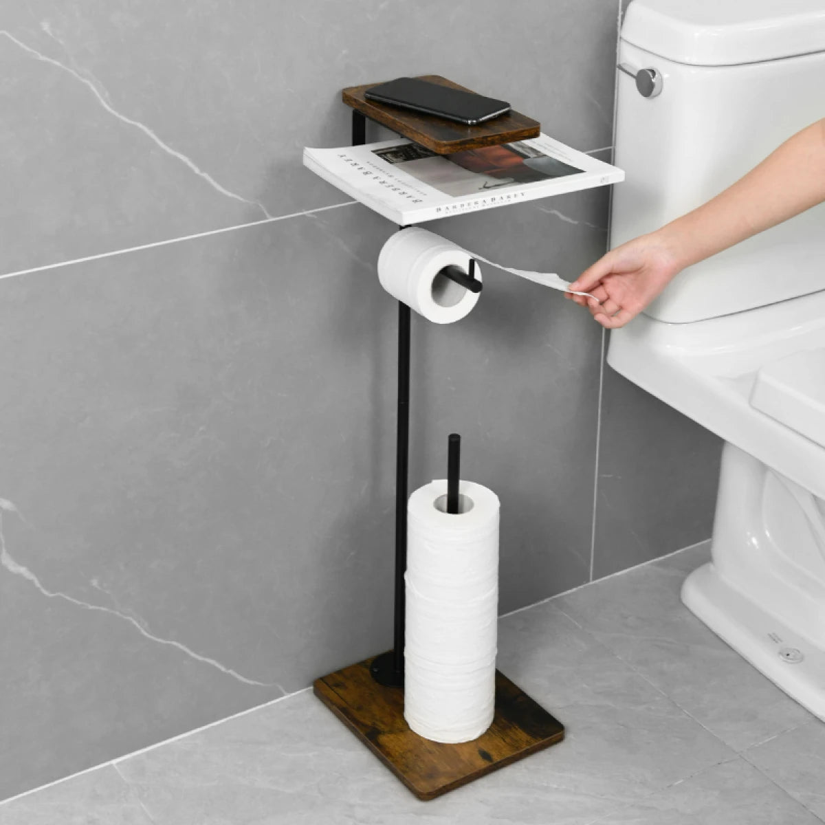 Suport Hartie Igienica cu Depozitare Reviste 2 Blaturi MDF Structura Metalica 73cm Negru - detaliu produs
