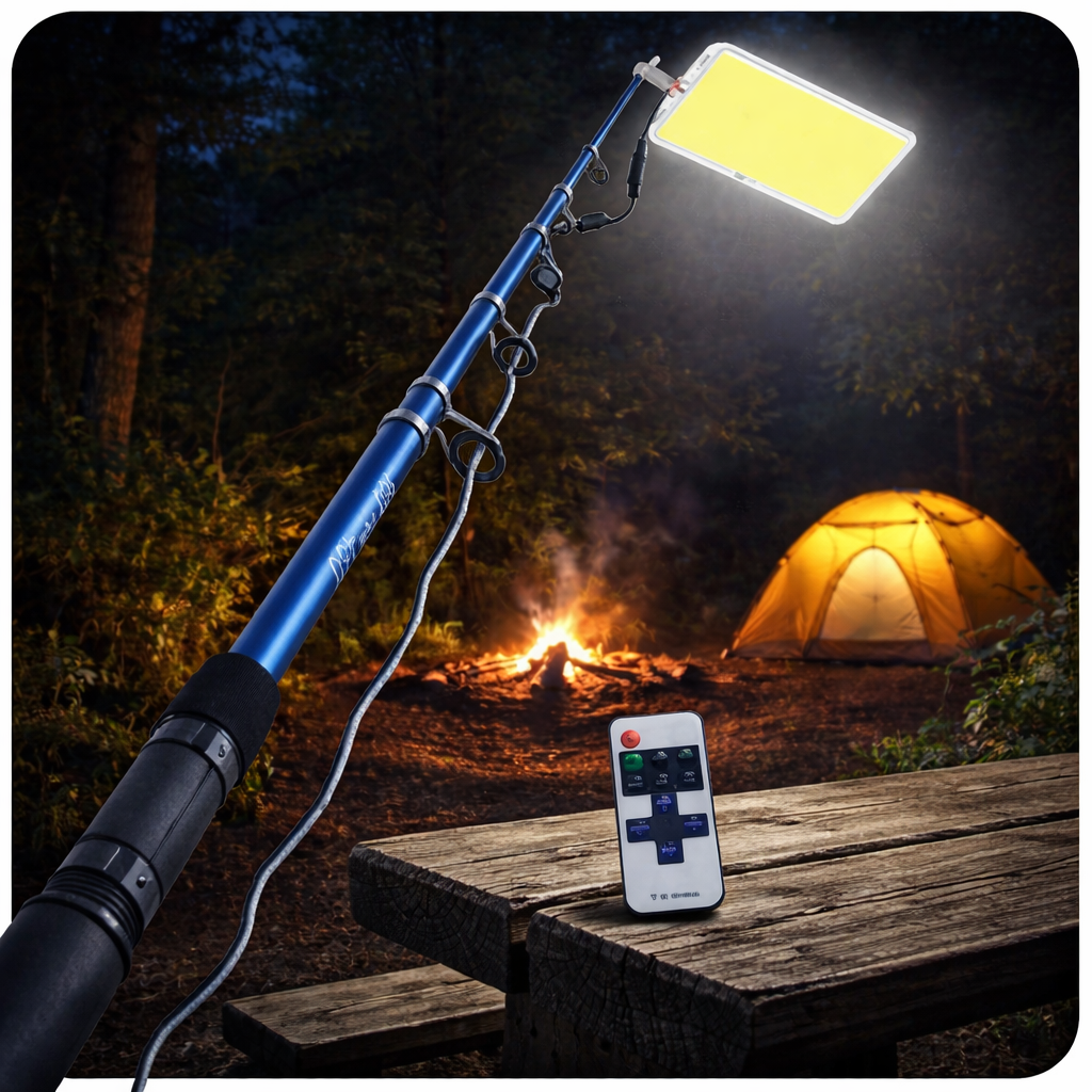 Kit Nocturna eLIVE FR-04, Proiector Camping LED 47W 4558lm, Waterproof, Brat Telescopic Ajustabil 4,5m, 3 Adaptoare 220V, Telecomanda, Geanta Transport