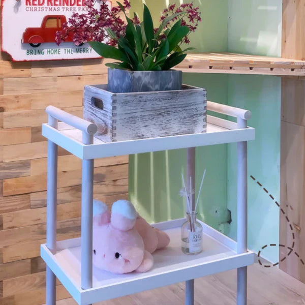 Raft mobil cu 3 polite si 4 roti rotative, suporturi din lemn natural, alb