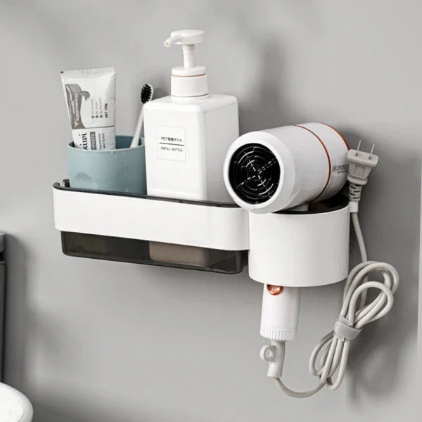 Suport autoadeziv pentru uscatorul de par, pahar pentru articole baie, ABS,  30.5 x 9.6 x 7 , alb