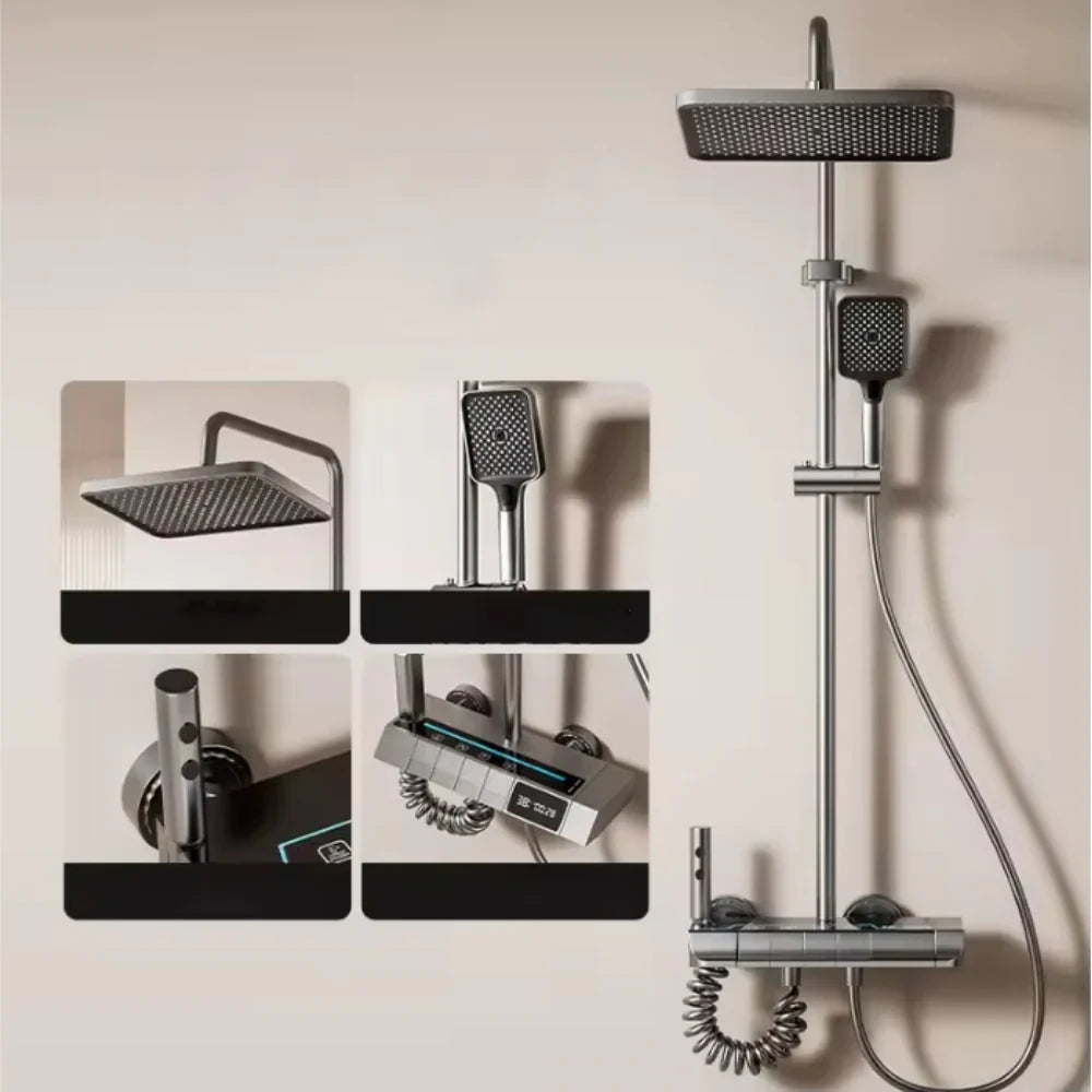 Set coloana de Dus cu para dreptunghiulara, Display LED, comenzi piano, 4 funcții curgere apa, Rotatie 360°, Pulverizare cu aer, robinet ascuns, fara conectare electrica