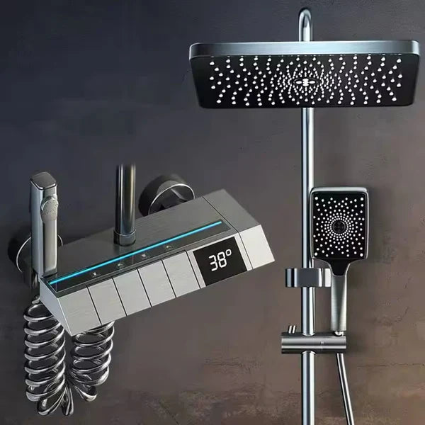 Set coloana de Dus cu para dreptunghiulara, Display LED, comenzi piano, 4 funcții curgere apa, Rotatie 360°, Pulverizare cu aer, robinet ascuns, fara conectare electrica