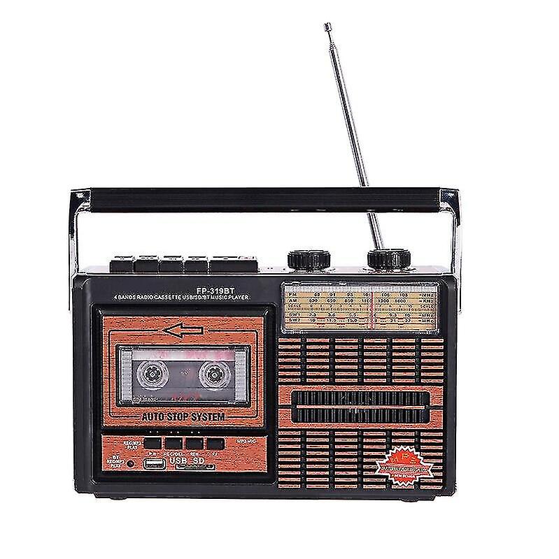 Radio retro portabil FP-319BT, 6 în 1 – Casetofon, MP3, Bluetooth, USB/SD, FM/AM/SW, Negru