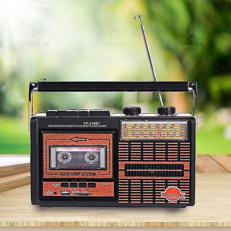 Radio retro portabil FP-319BT, 6 în 1 – Casetofon, MP3, Bluetooth, USB/SD, FM/AM/SW, Negru