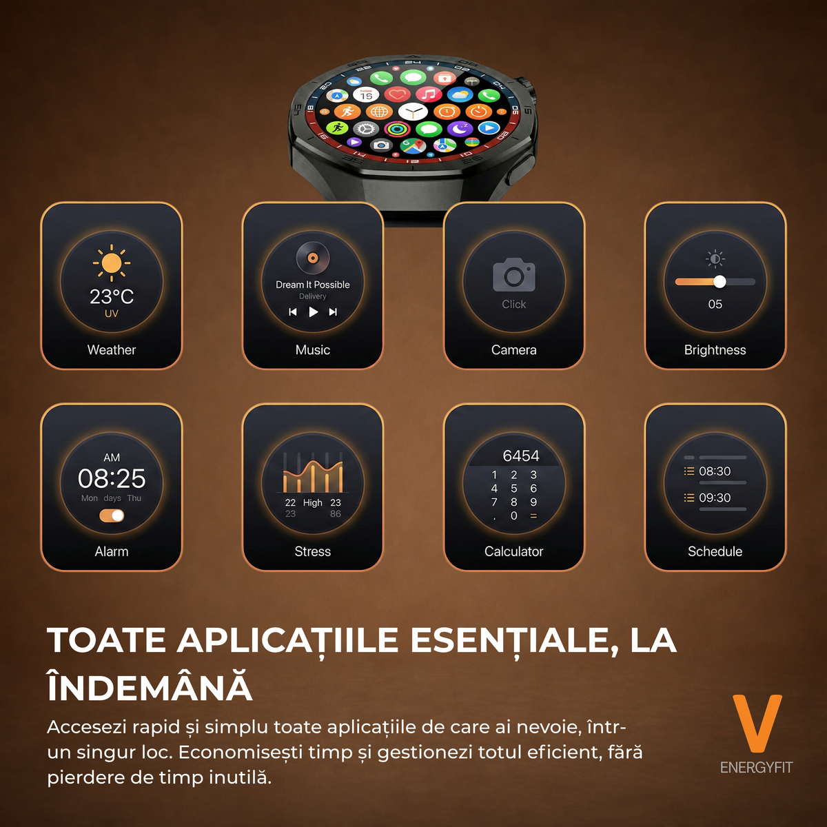 Ceas Smartwatch ENERGYFIT, Ecran AMOLED 1.43", Apel Bluetooth, ChatGPT AI, Notificari Romana, Fitness, Sport, Rezistent Apa 5ATM, Incarcare Wireless, 2 Curele, Negru