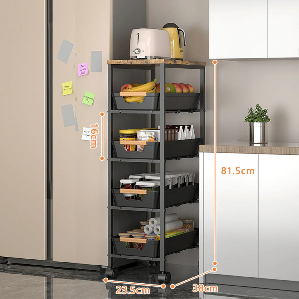 Suport slim portabil cu 5 nivele, 4 rafturi retractabile si 1 polita din MDF, rotativ 360°, 38x 23.5 x 81.5 cm