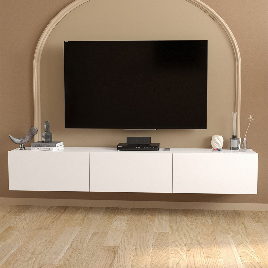 Comoda TV Marvel 180 cm, mobilier living, suport televizor mare pana la 75 inch, 2 usi rabatabile cu inchidere lina soft-close, PAL melaminat 18 mm clasa E1, pentru soundbar si consola jocuri, stil modern scandinav Alb - detaliu 2
