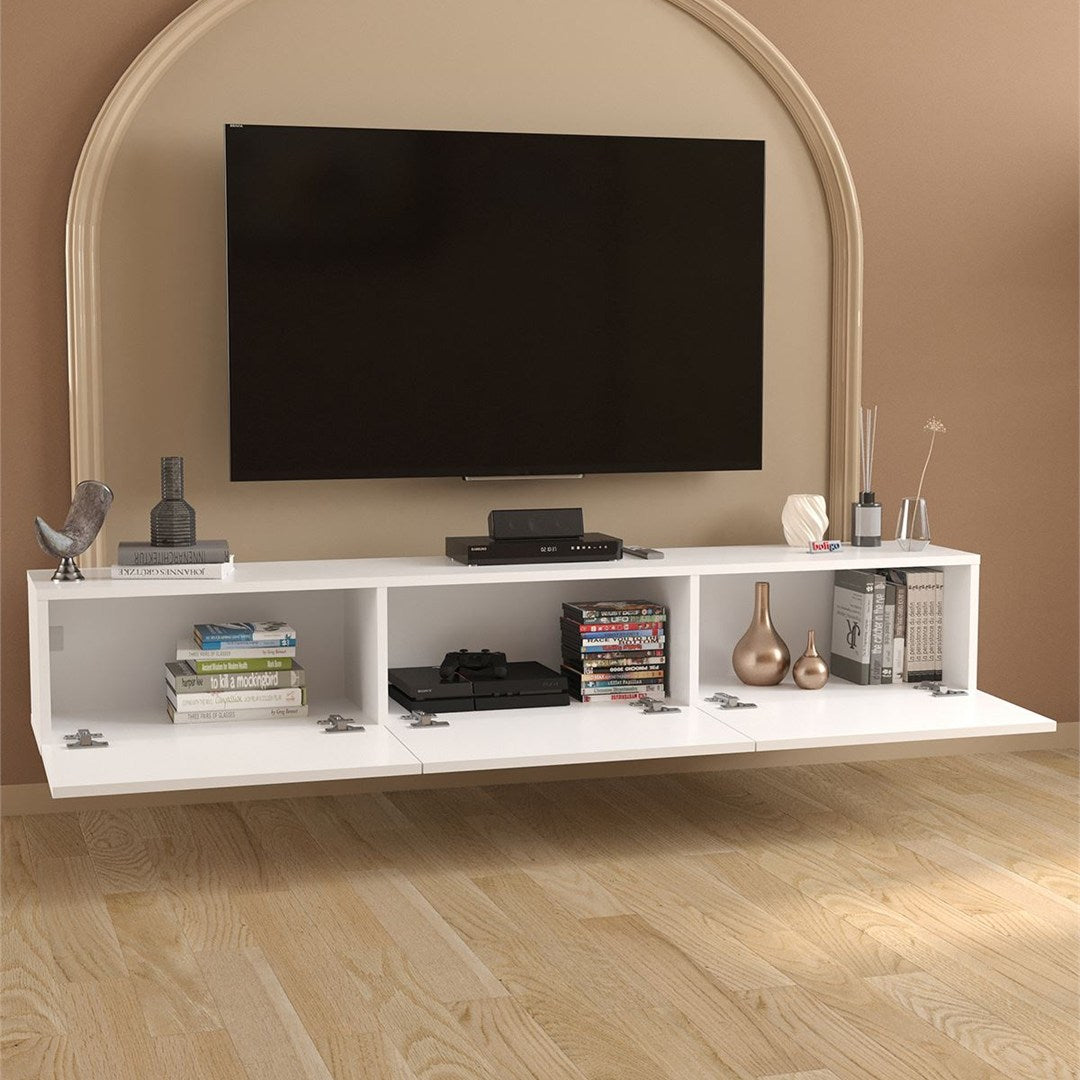 Comoda TV Marvel 180 cm, mobilier living, suport televizor mare pana la 75 inch, 2 usi rabatabile cu inchidere lina soft-close, PAL melaminat 18 mm clasa E1, pentru soundbar si consola jocuri, stil modern scandinav Alb - detaliu 3